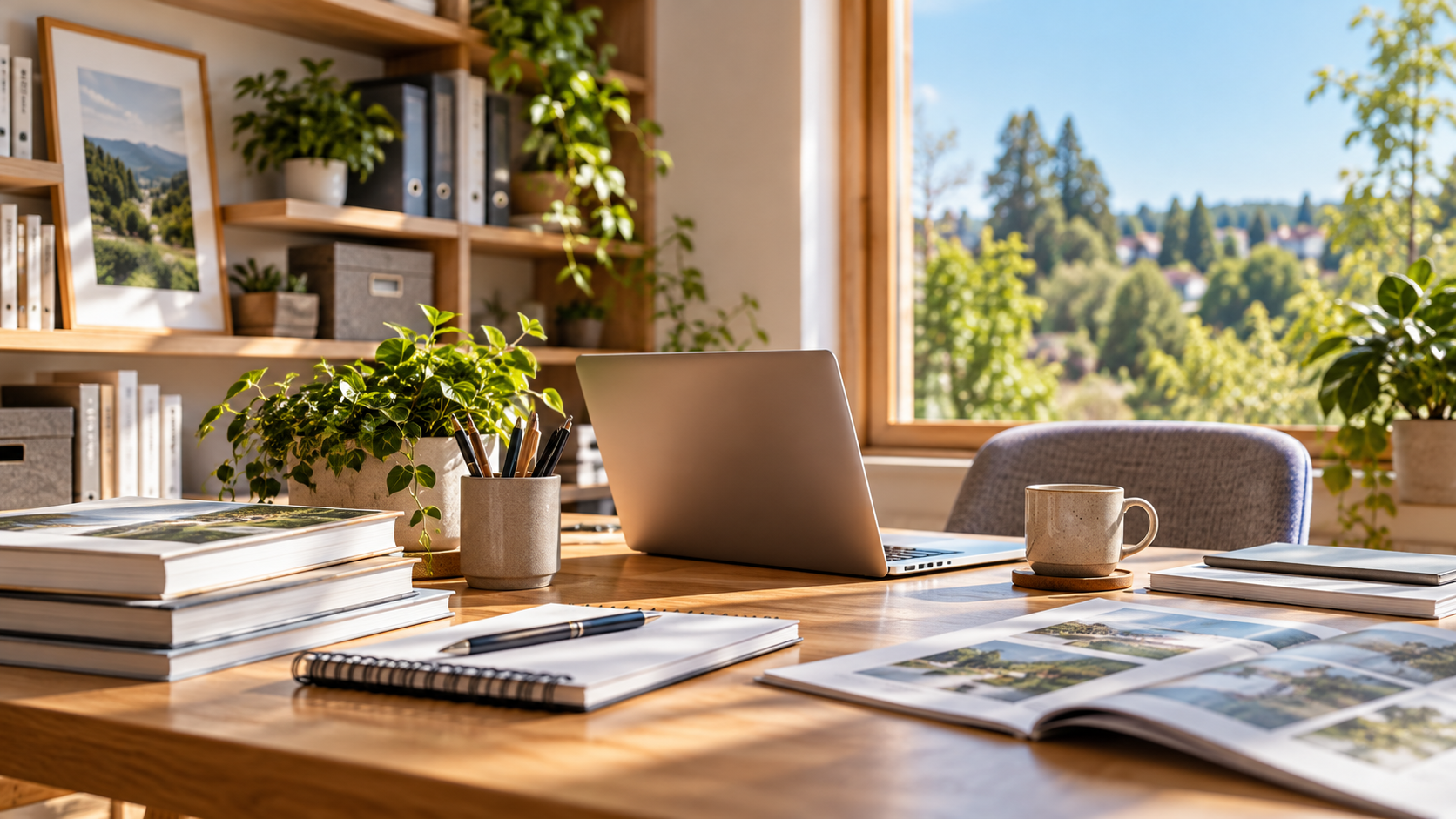 Heller Arbeitsplatz mit Laptop, Büchern, Notizbuch und Kaffeetasse vor einem großen Fenster mit Blick ins Grüne