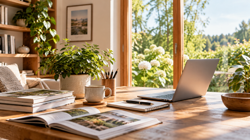 Heller Arbeitsplatz mit Laptop, Büchern, offenem Magazin und Pflanzen vor einem sonnigen Gartenfenster
