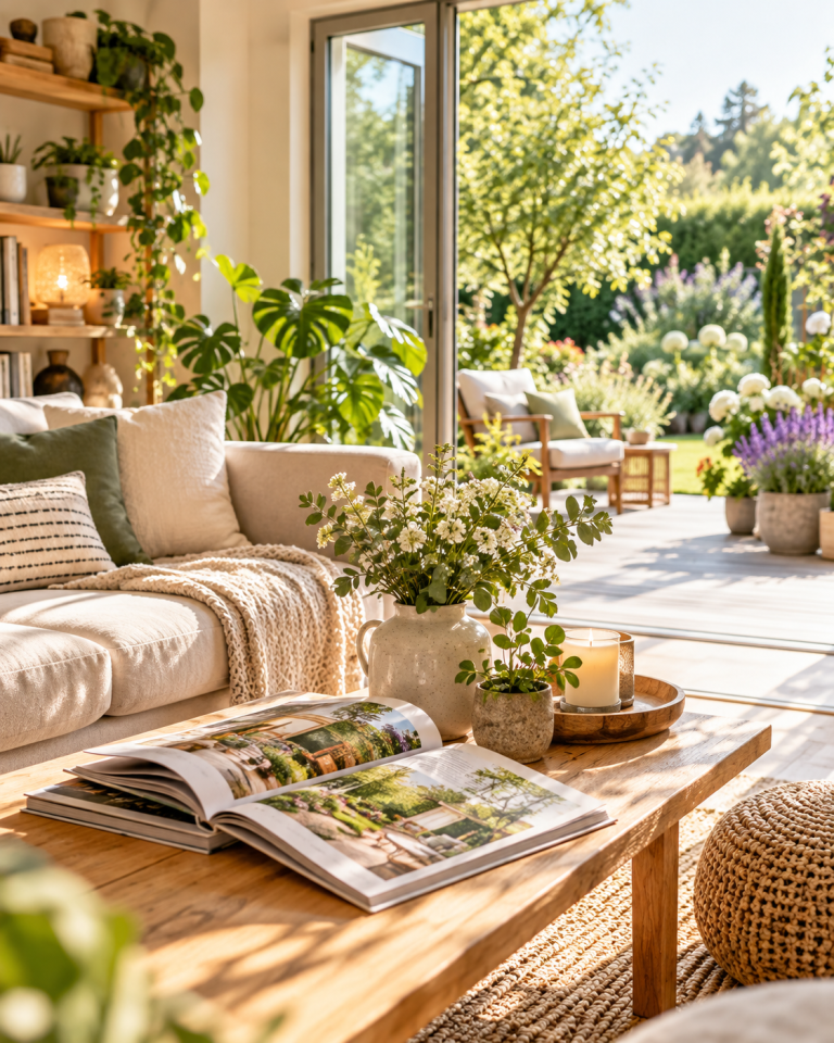 Gemütliches Wohnzimmer mit Sofa, offenem Wohnmagazin und Blick auf einen sonnigen Garten