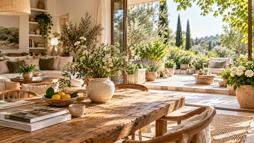 Heller Wohnbereich mit Holztisch, stilvoller Einrichtung und Blick auf eine sonnige Gartenterrasse