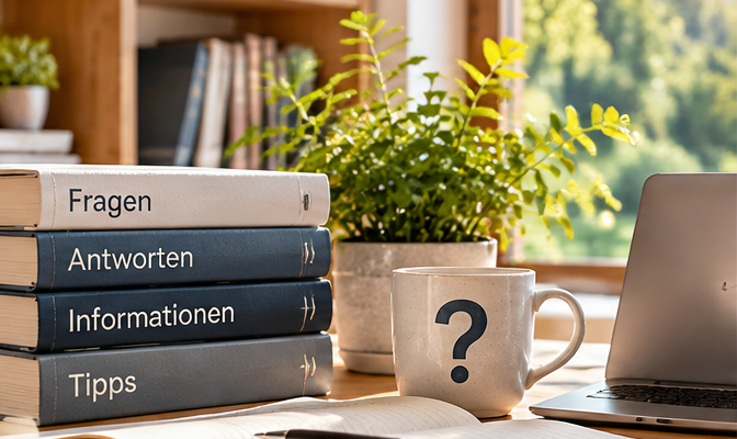 Bücher zu Fragen und Antworten, ein Notizbuch und eine Tasse mit Fragezeichen auf einem hellen Schreibtisch