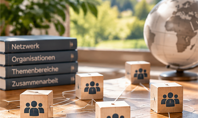 Miteinander verbundene Holzwürfel mit Personensymbolen als Darstellung eines Netzwerks von Partnern und Organisationen