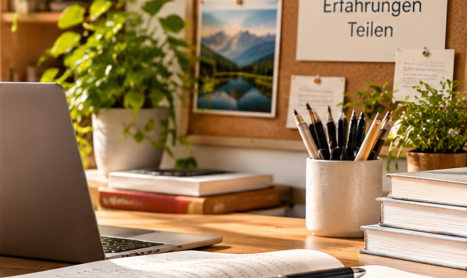 Schreibplatz mit Laptop, offenem Notizbuch und Stiften sowie einer Pinnwand mit Ideen zur Erstellung von Beiträgen